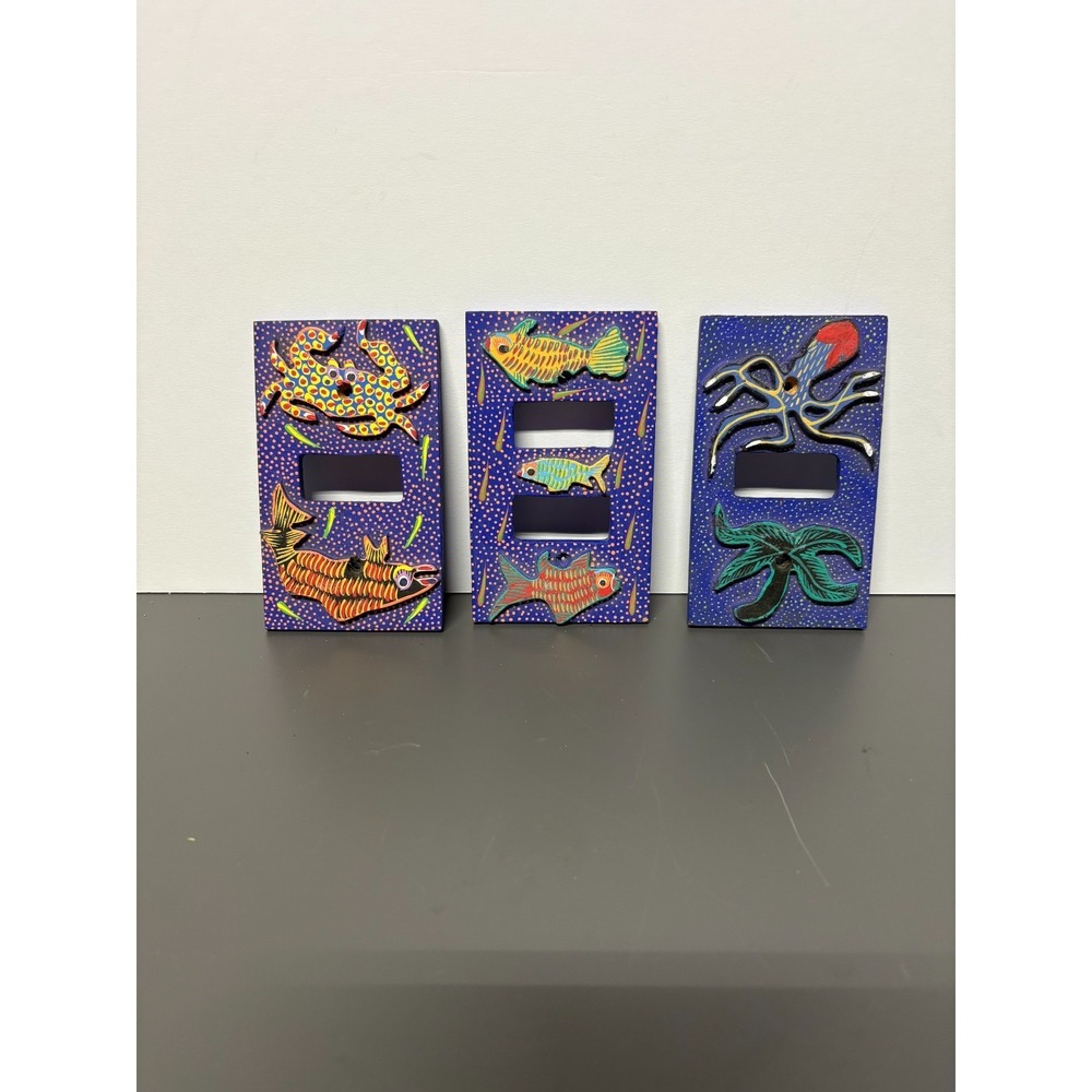 Hand-Painted Wood Folk Art Sea Life Light Switch Plates Lot of 3 Nautical Coast